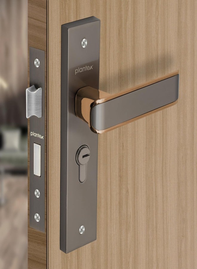 Plantex Heavy-Duty Door Lock Set - Main Door Lock Handle Set/ 6-Lever Lock Mechanism with 3 Years of Warranty/Mortise Lock with 3 Keys, Brass Lockbody & Cylinder (8112 - Satin Black & PVD Choco) - Image 1